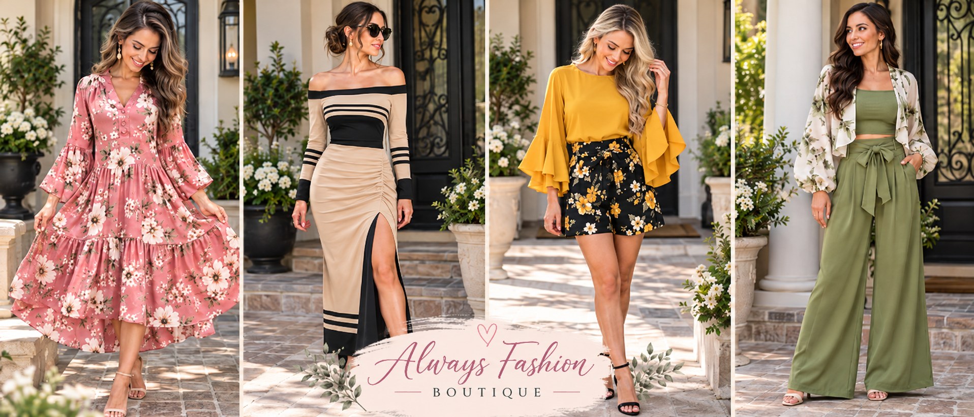Always Fashion Boutique looks – floral maxi dress, striped midi dress, yellow blouse with floral shorts, and olive wide-leg pants set