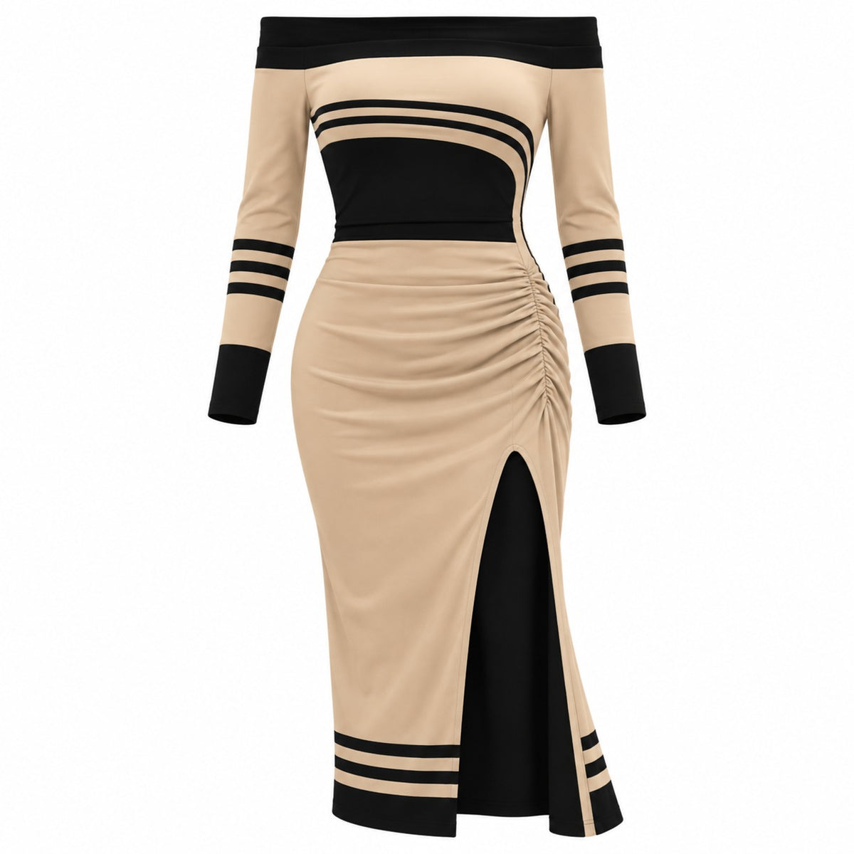 Always Fashion Boutique Women's Beige & Black Off-Shoulder Midi Dress – Long Sleeve Ruched Bodycon Dress with Side Slit