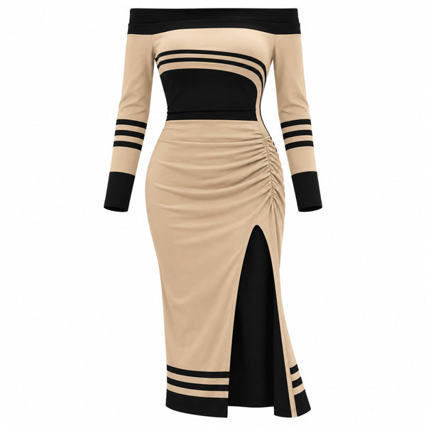 Always Fashion Boutique Women's Beige & Black Off-Shoulder Midi Dress – Long Sleeve Ruched Bodycon Dress with Side Slit