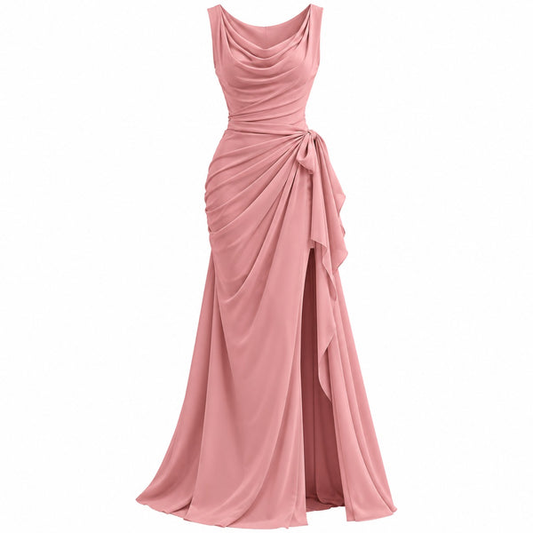 Always Fashion Boutique Women's Dusty Rose Pink Cowl Neck Maxi Dress – Sleeveless Ruched Evening Gown with Side Draping
