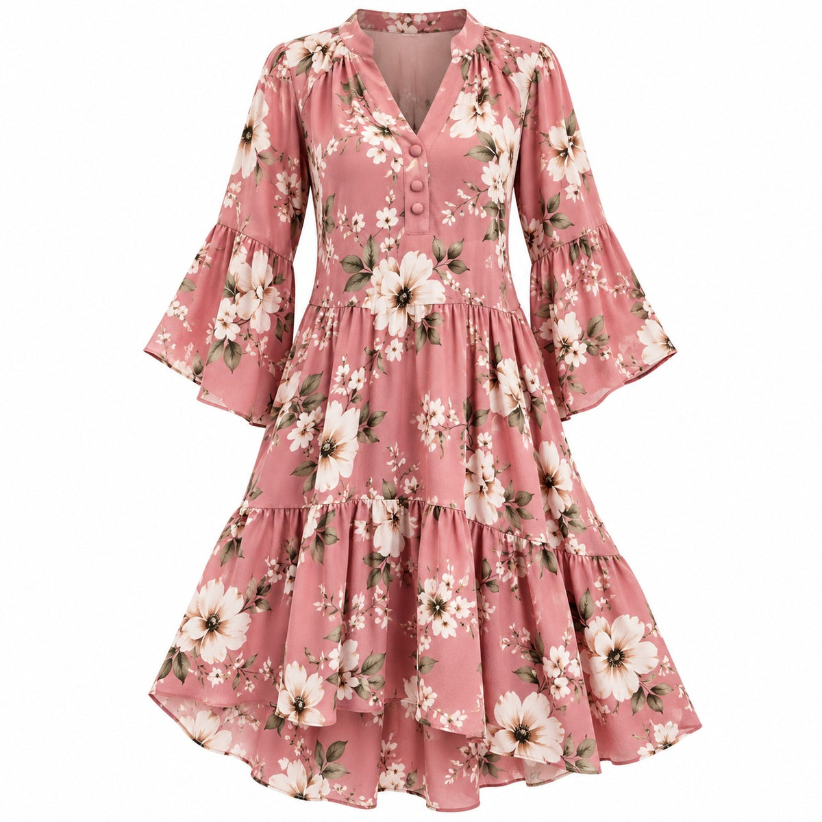 Always Fashion Boutique Women's Dusty Rose Pink Floral Tiered Dress – V-Neck Bell Sleeve Ruffle Dress