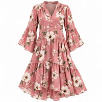 Always Fashion Boutique Women's Dusty Rose Pink Floral Tiered Dress – V-Neck Bell Sleeve Ruffle Dress image 1