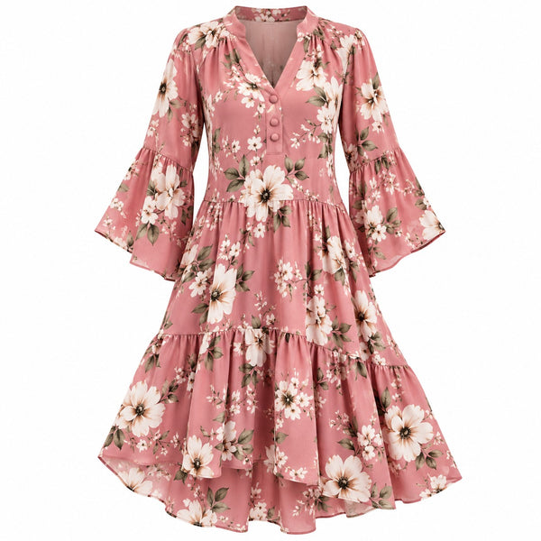 Always Fashion Boutique Women's Dusty Rose Pink Floral Tiered Dress – V-Neck Bell Sleeve Ruffle Dress