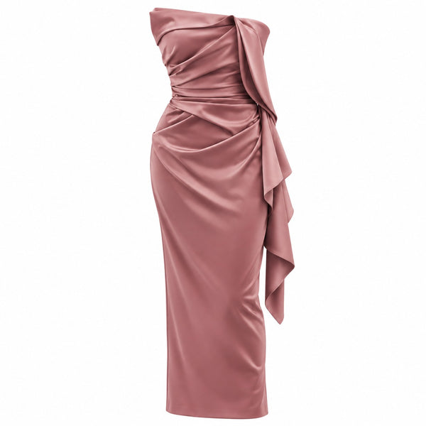 Always Fashion Boutique Women's Dusty Rose Strapless Ruched Midi Dress – Draped Side Sash Evening Cocktail Dress