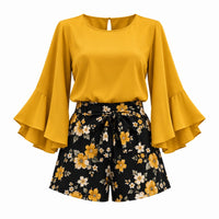 Always Fashion Boutique Women's Mustard Yellow Bell Sleeve Top & Black Floral Shorts 2-Piece Set image 1