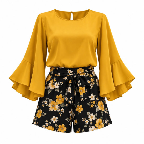 Always Fashion Boutique Women's Mustard Yellow Bell Sleeve Top & Black Floral Shorts 2-Piece Set