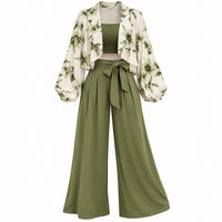 Always Fashion Boutique Women's Olive Green Floral 3-Piece Outfit Set – Crop Top, Floral Jacket & Wide Leg Pants image 1