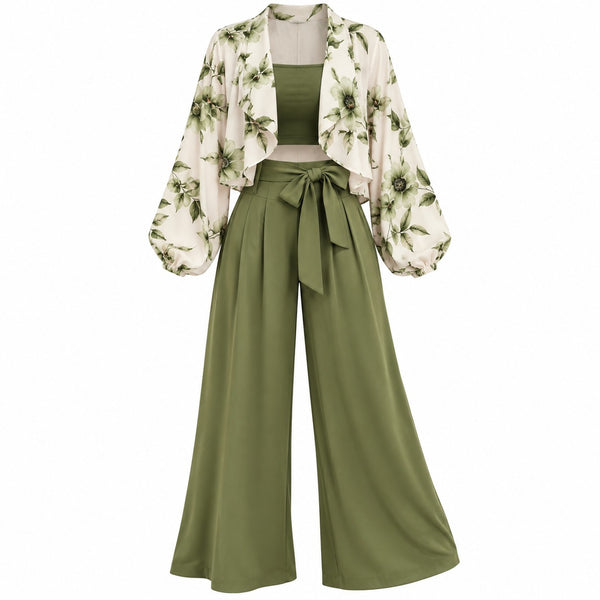 Always Fashion Boutique Women's Olive Green Floral 3-Piece Outfit Set – Crop Top, Floral Jacket & Wide Leg Pants