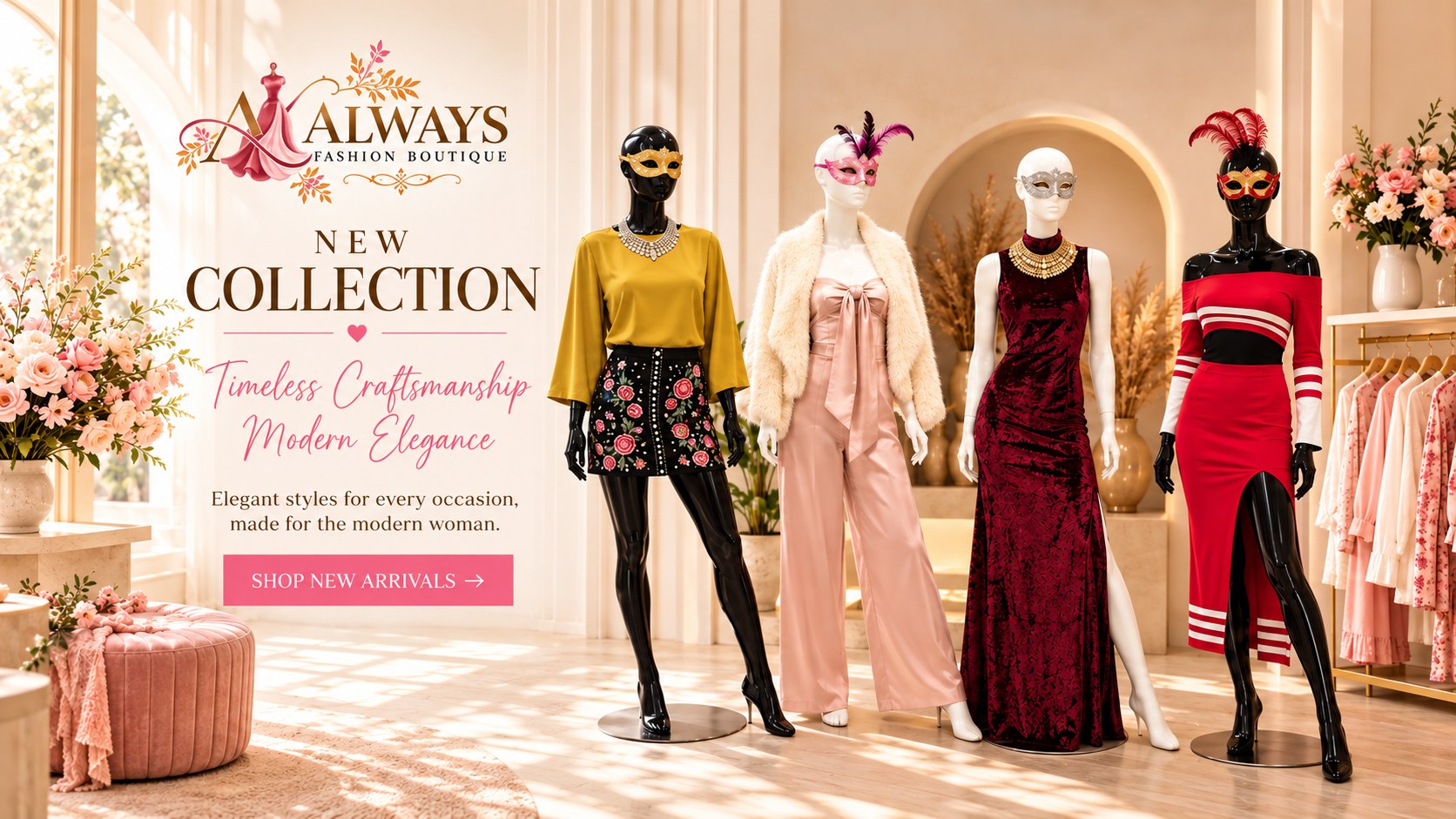 Always Fashion Boutique new collection – mustard blouse, floral skirt, pink jumpsuit, velvet dress and red knit set